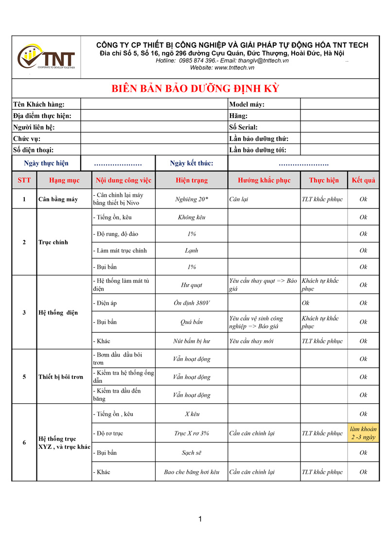 Biên bản bảo dưỡng máy định kì